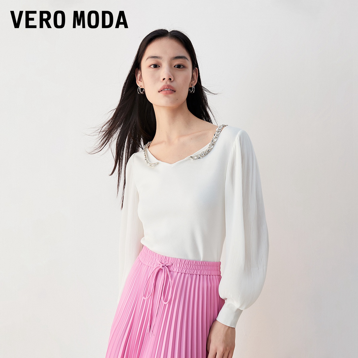 【小店专享】Vero Moda针织衫老钱风百搭甜美露肩灯笼袖323324032