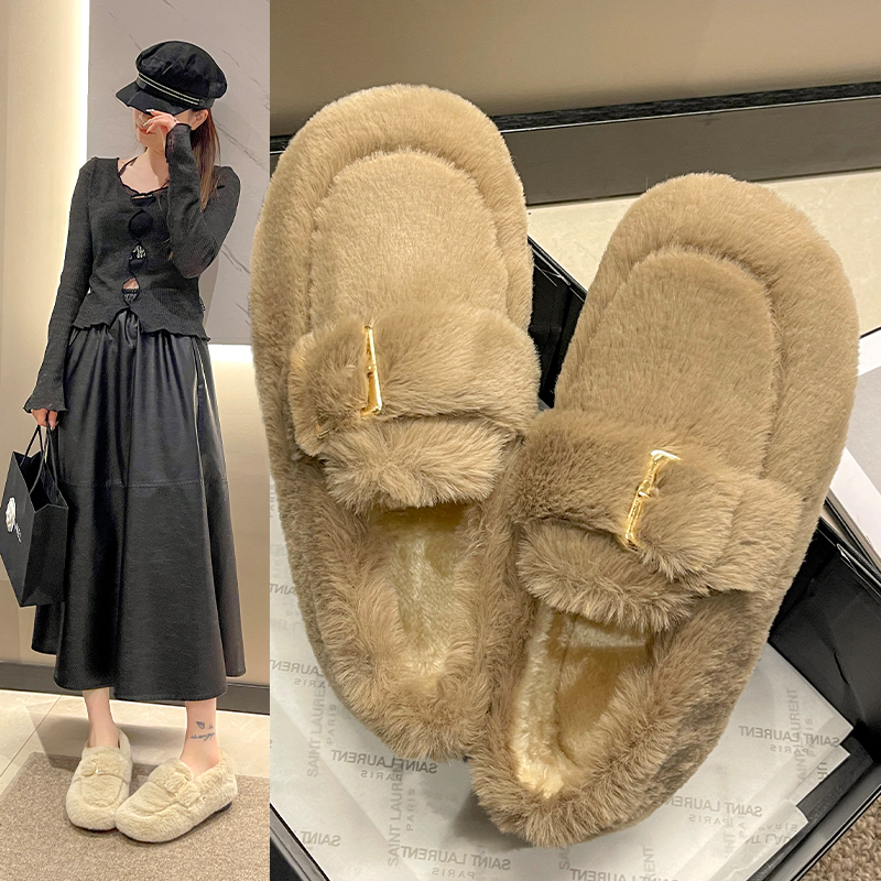 网红一脚蹬平底毛毛鞋女2023年新款秋冬百搭加绒防滑豆豆毛毛鞋子