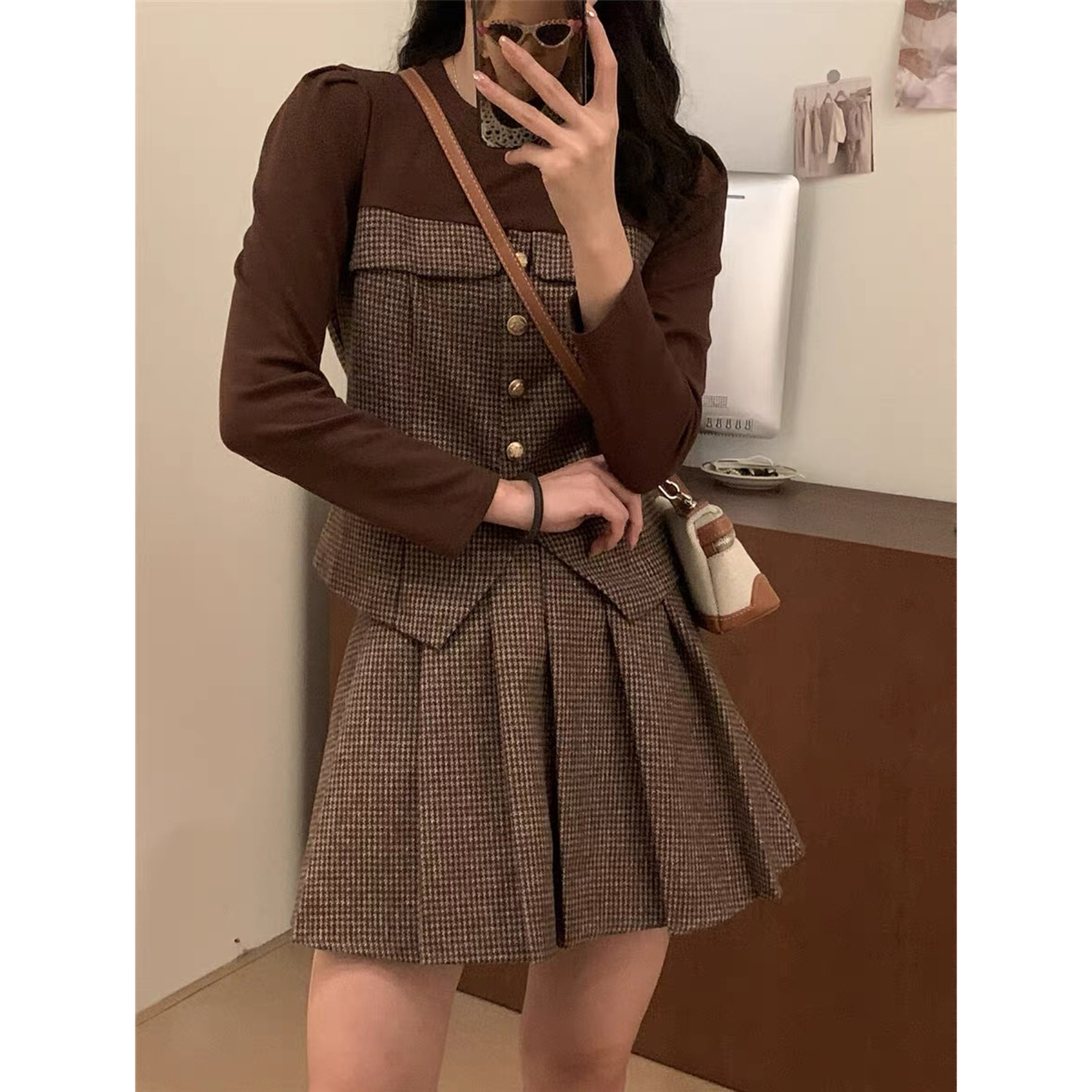 【南风物语】微胖mm高级感千鸟格套装拼接格子上衣+高腰百褶半身裙