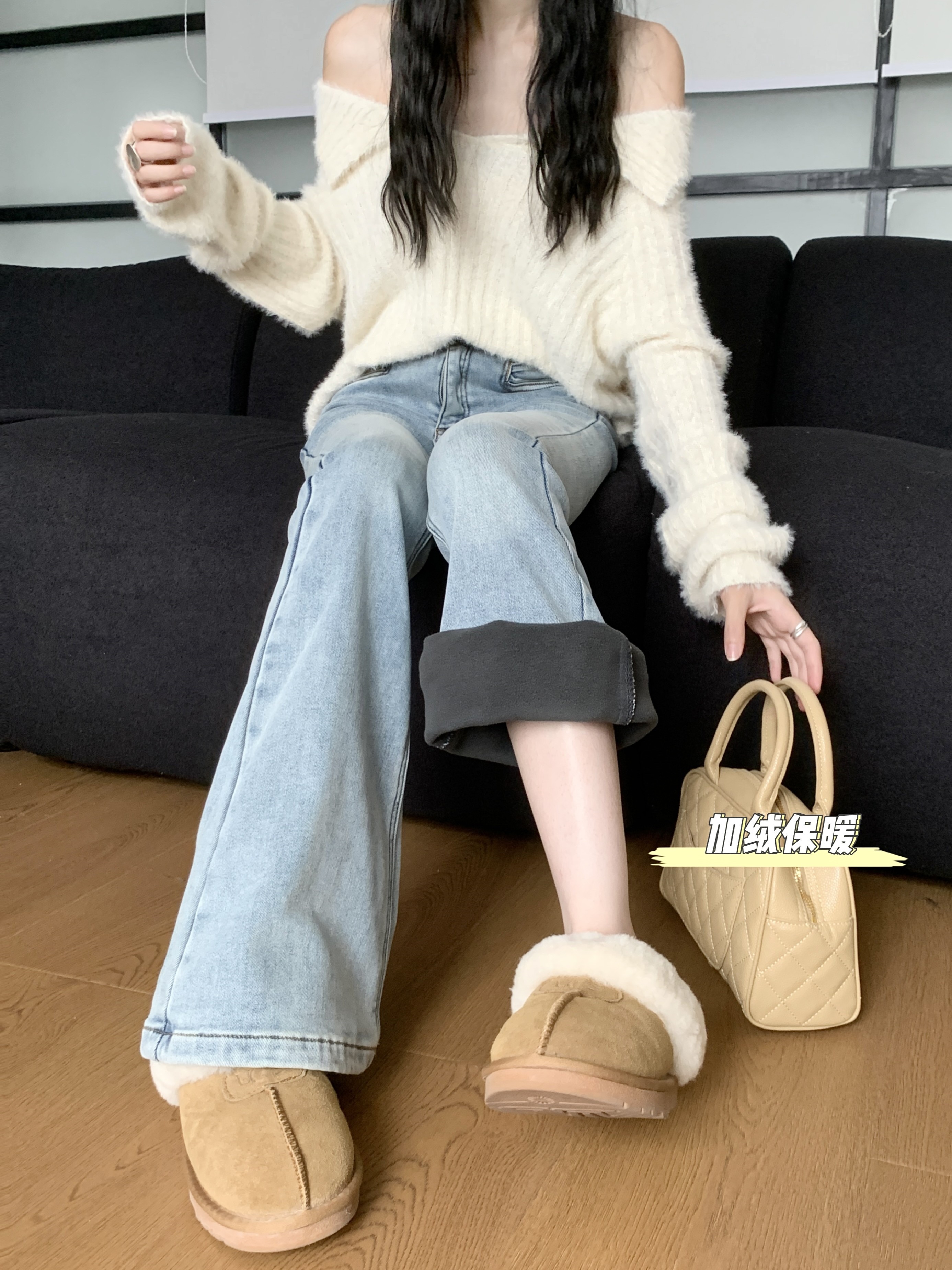 加绒加厚微喇牛仔裤女冬季复古高腰修身显瘦小个子喇叭裤拖地长裤