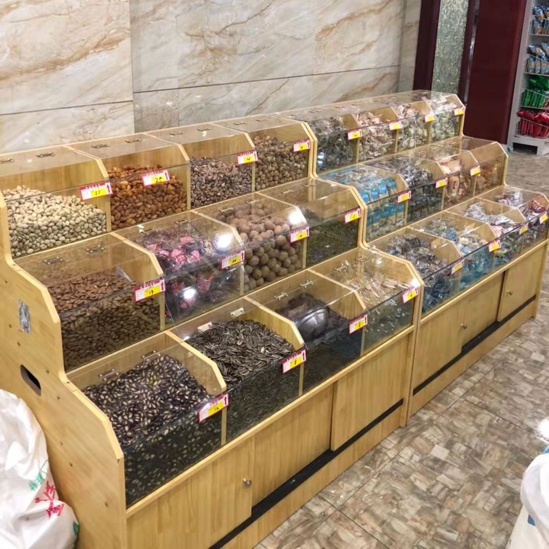 五谷杂粮干果展示柜超市木质货架米粮桶米斗零食粮食架子散装柜子