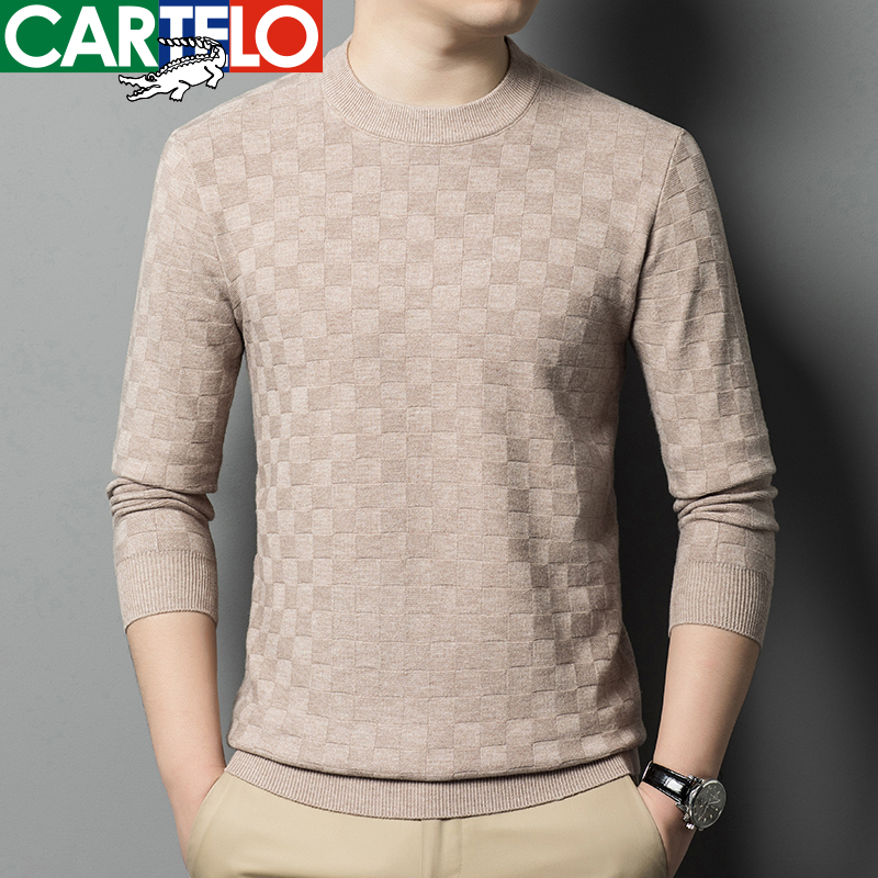 CARTELO/卡帝乐鳄鱼男士高档加厚保暖针织打底衫圆领套头毛衣男