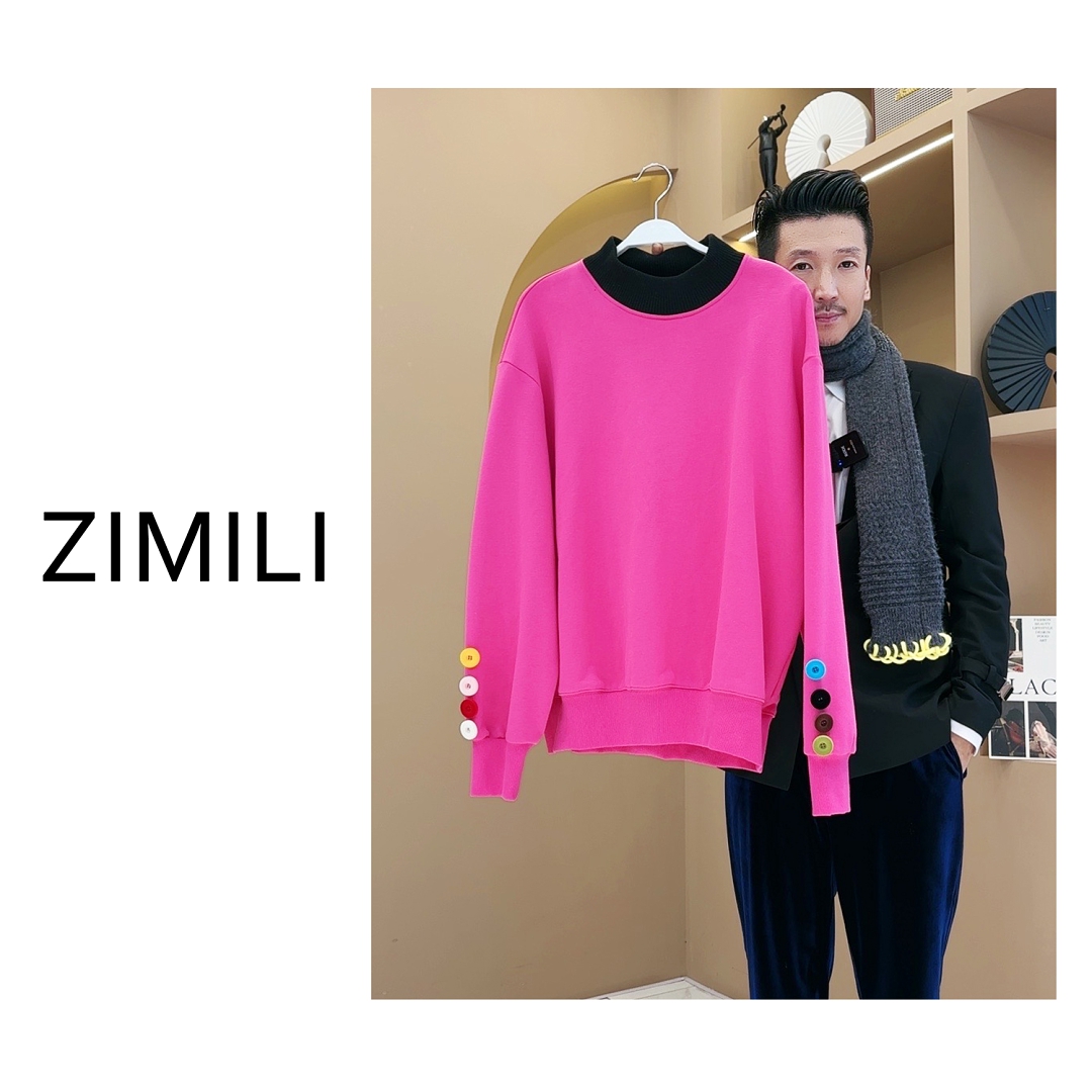 【LIANG哥定制】冬季中长加厚加绒休闲时尚彩色扣拼色圆领卫衣2542A