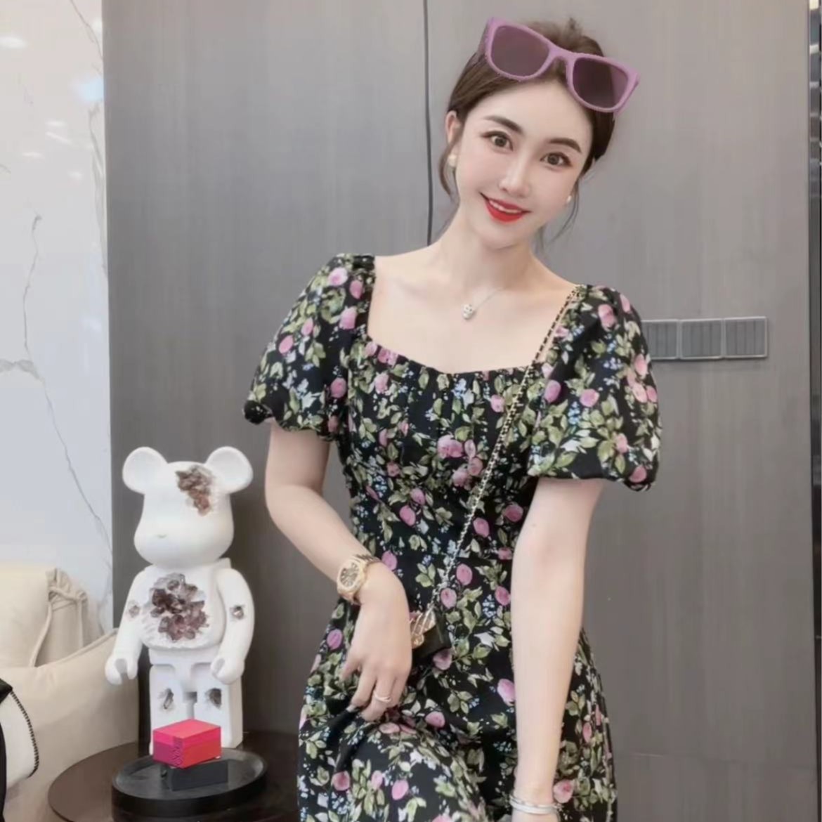 【同瑄品牌】新款夏季法式方领碎花气质复古显瘦连衣裙 F1504