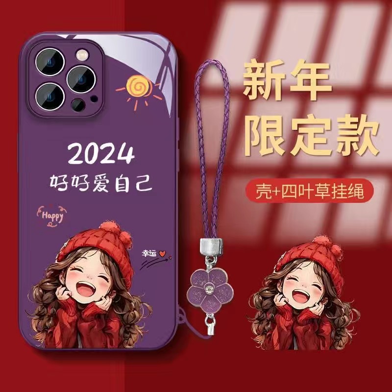 适用苹果防摔新年款幸运女孩手机壳网红14Pro玻璃创意15全包个性i