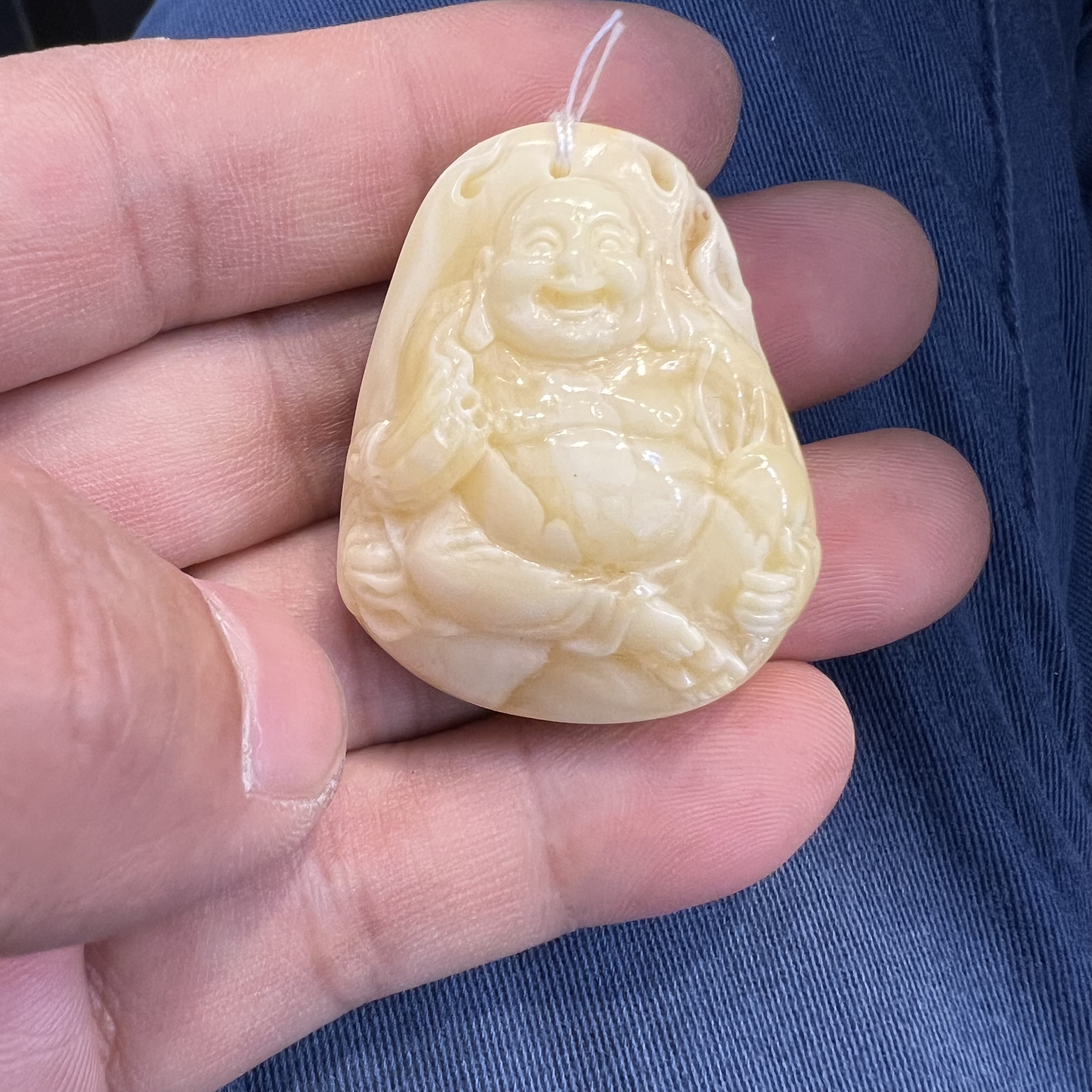 弥勒笑佛琥珀白蜜蜡吊坠挂件雕刻项链镶嵌高档大肚时尚双面18k18K