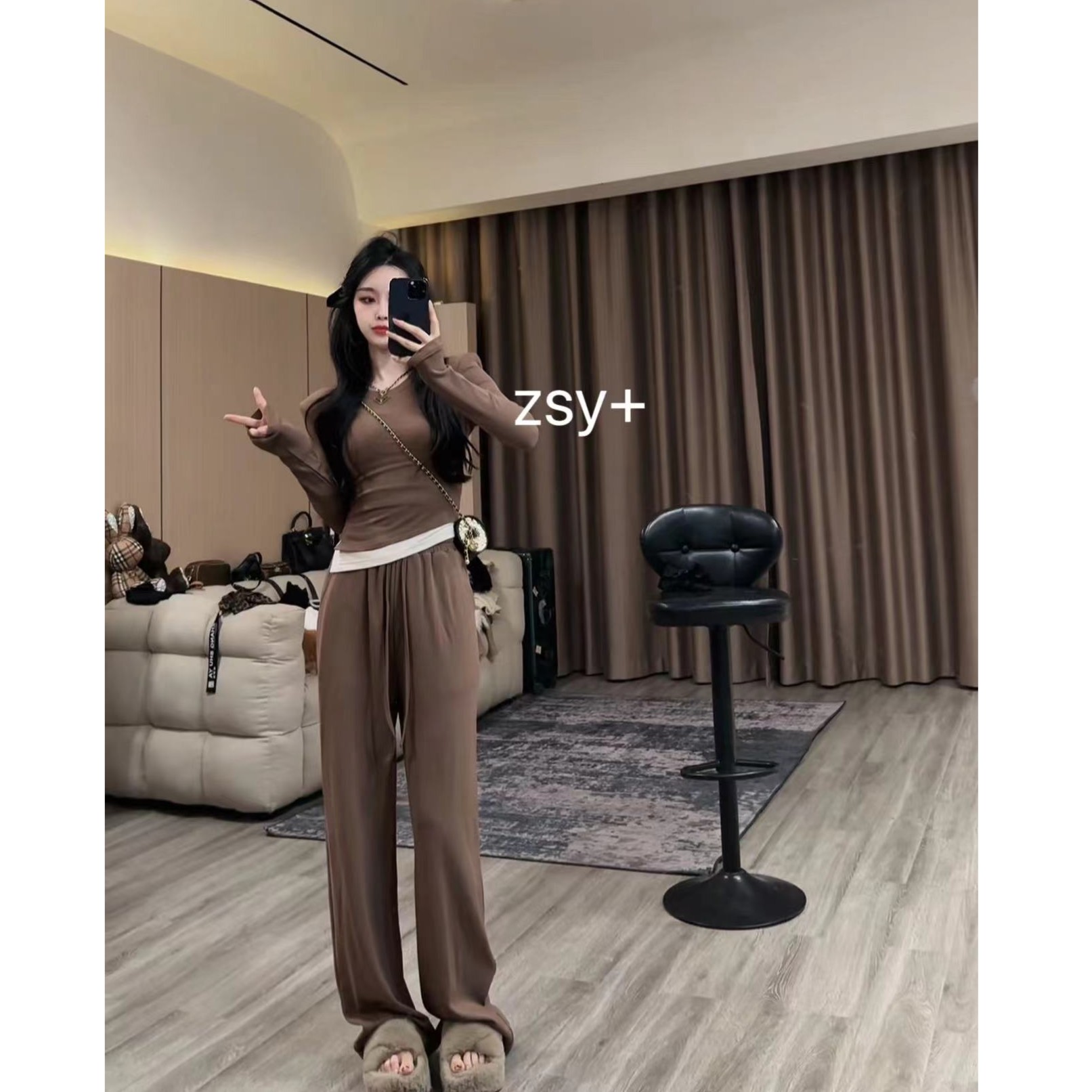 【舒雅推荐】重工百搭弹力垫肩拼接加绒套装DY#88368