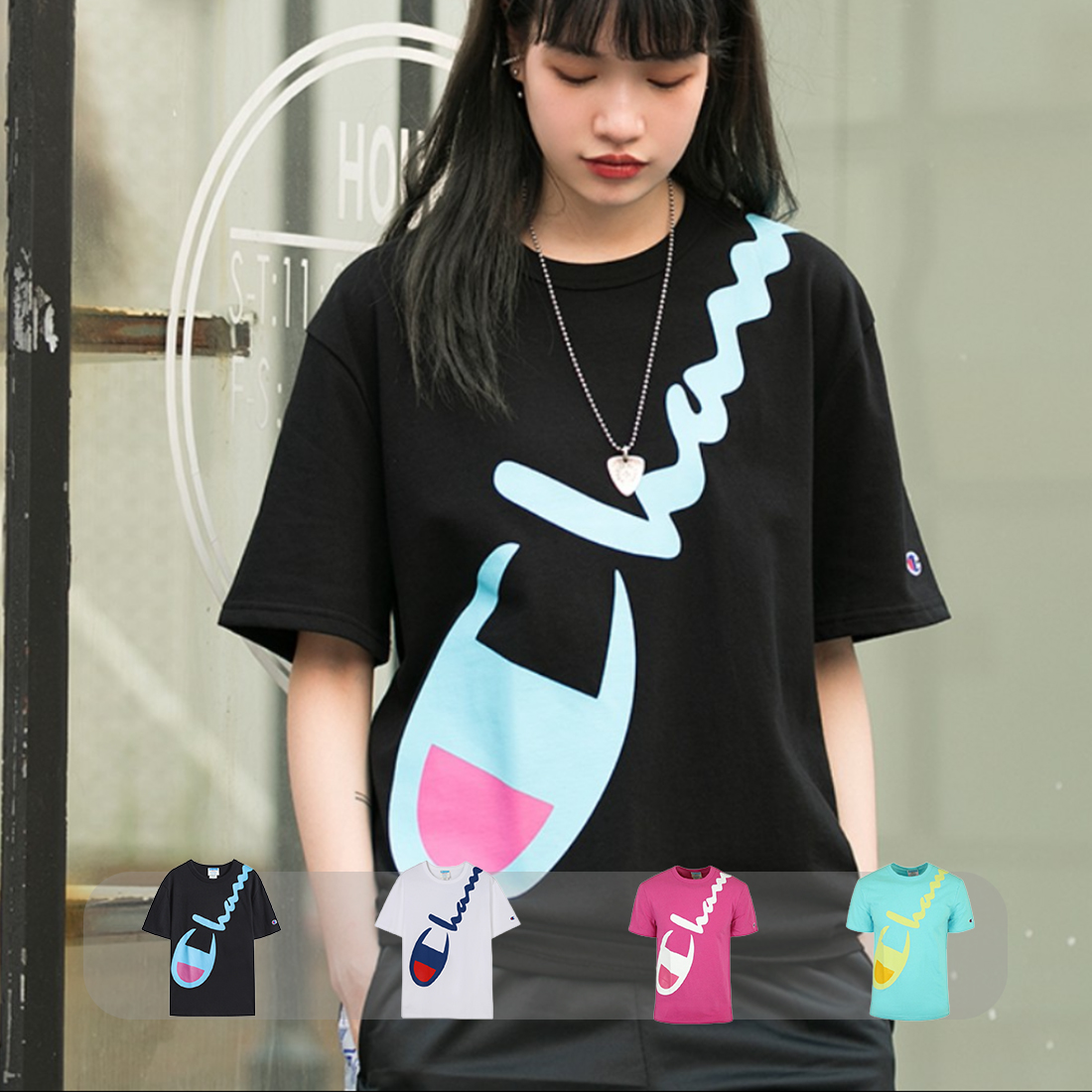 Champion 休闲草写LOGO印花短袖T恤 男女同款