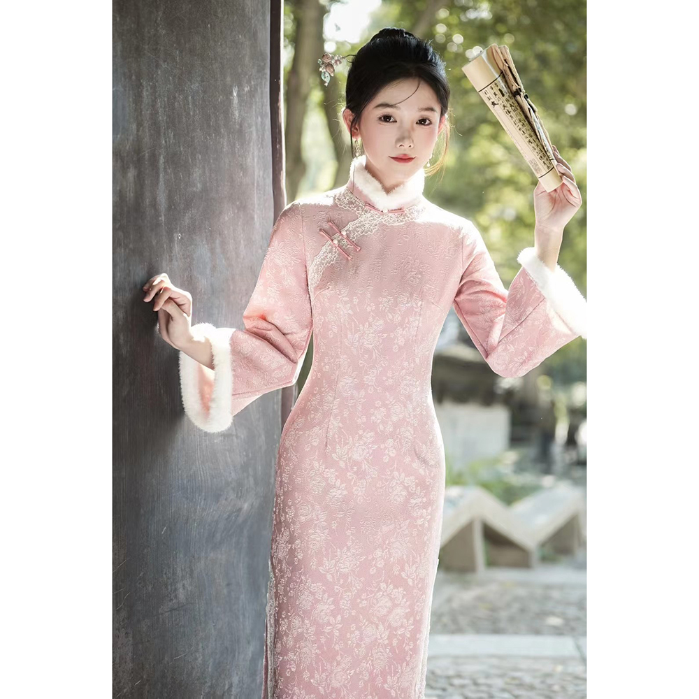 粉色旗袍 素雅清新少女年轻款日常可穿2023秋冬季加绒改良版新款