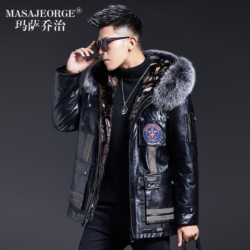 2023冬款保暖男款水貂内胆中长款连帽海宁牛皮皮衣潮流秋冬男士