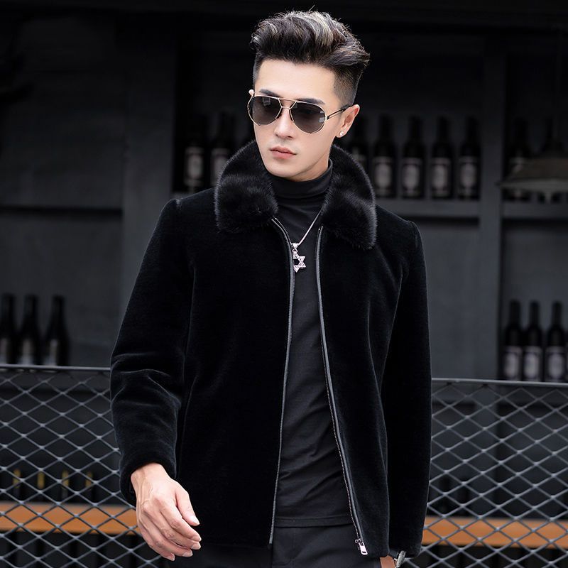 水貂毛领皮毛一体海宁羊剪绒大衣男短款羽绒真皮皮衣皮草冬装外套
