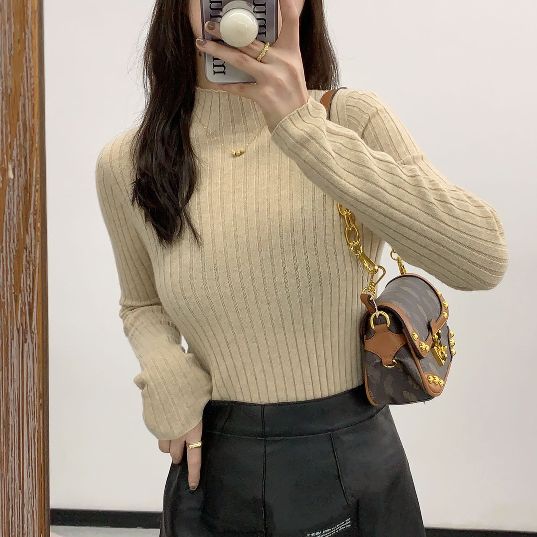 C 22CW080 【一线成衣】纯色半高领长袖毛衣女修身百搭显瘦上衣简约