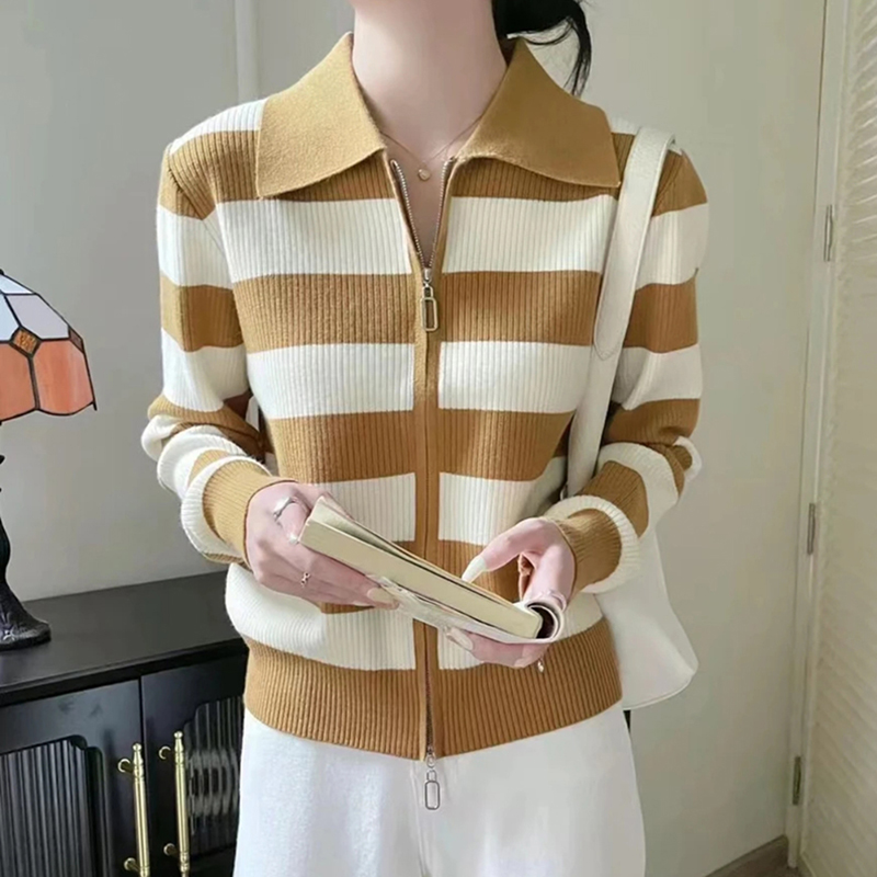 A JD6668 POLO领条纹针织衫女2023秋冬新款小众开衫拉链开衫