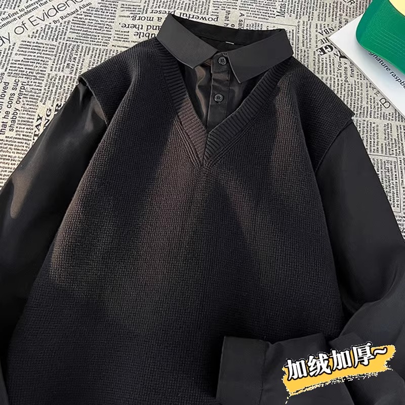 拼接撞色假两件毛衣男秋冬季加绒加厚衬衫领设计感内搭针织打底衫