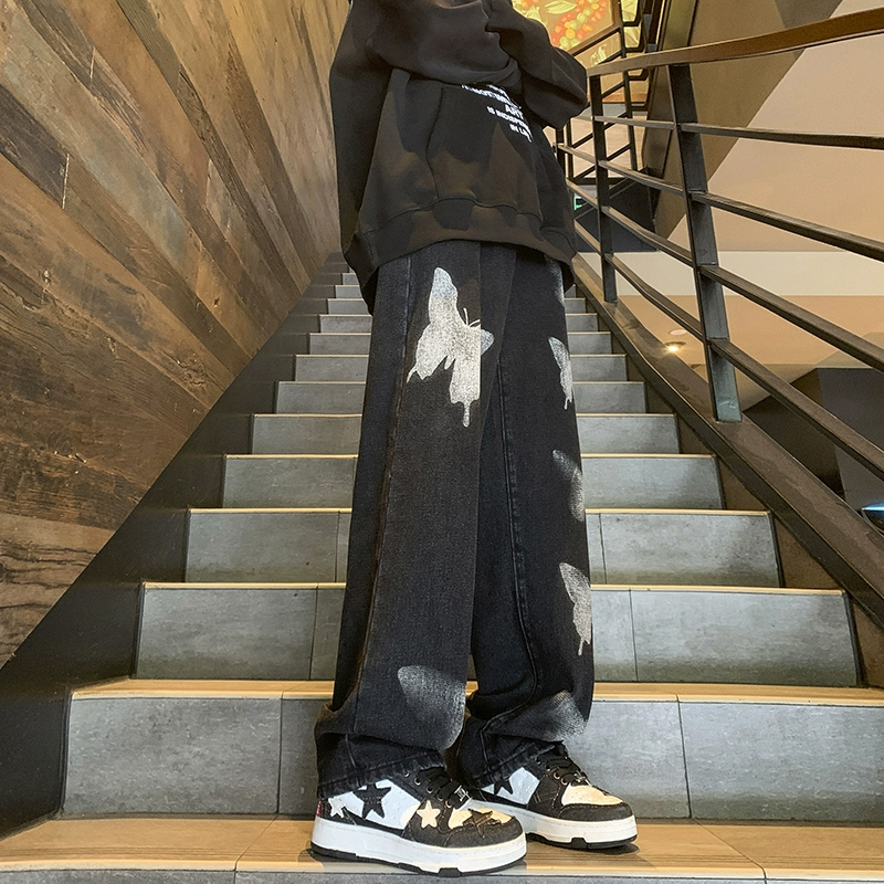 牛仔裤男秋冬季美式高街vibe蝴蝶印花水洗做旧宽松直筒休闲长裤子