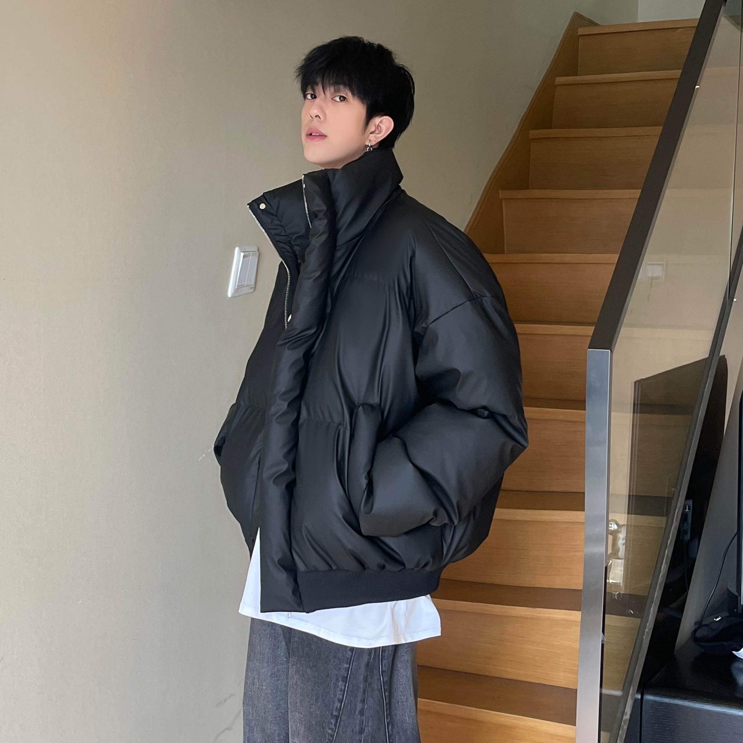 美式复古pu皮棉服男秋冬季加绒加厚保暖立领棉衣宽松百搭情侣外套