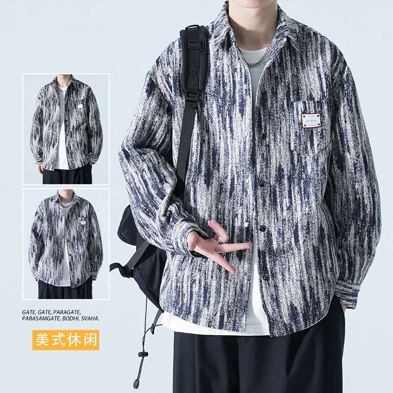 扎染外套男款秋冬季高级感男装上衣服潮牌休闲翻领衬衫式行政夹克