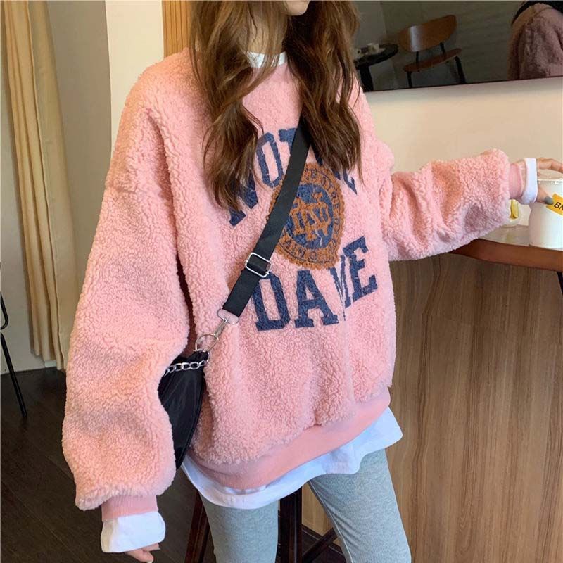 羊羔绒卫衣女小众设计感小个子宽松加绒加厚圆领爆款上衣冬假两件