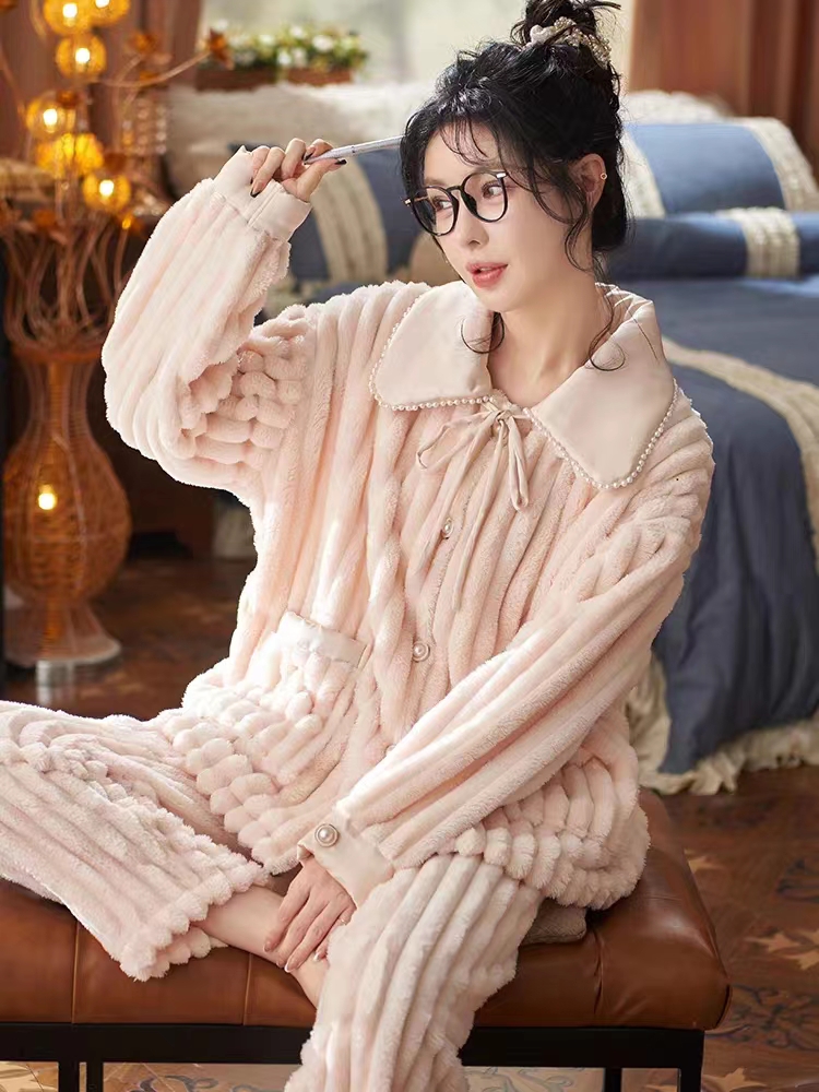 【奢华珠珠款】宽松套装甜美韩版秋冬季加绒睡衣毛绒家居服保暖