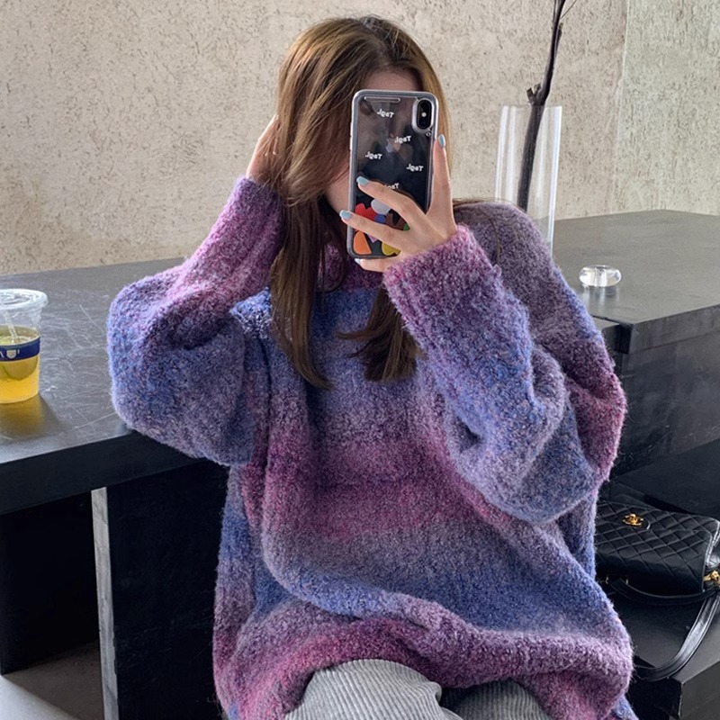 2024年新款上衣宽松慵懒风设计感小众中长款遮屁股紫色毛衣女秋冬