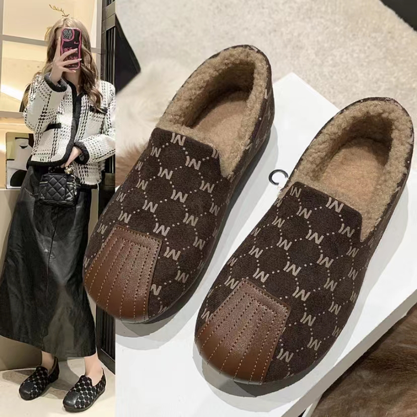 冬季外穿百搭加绒保暖一脚蹬休闲棉鞋防滑毛毛鞋软底加绒豆豆鞋