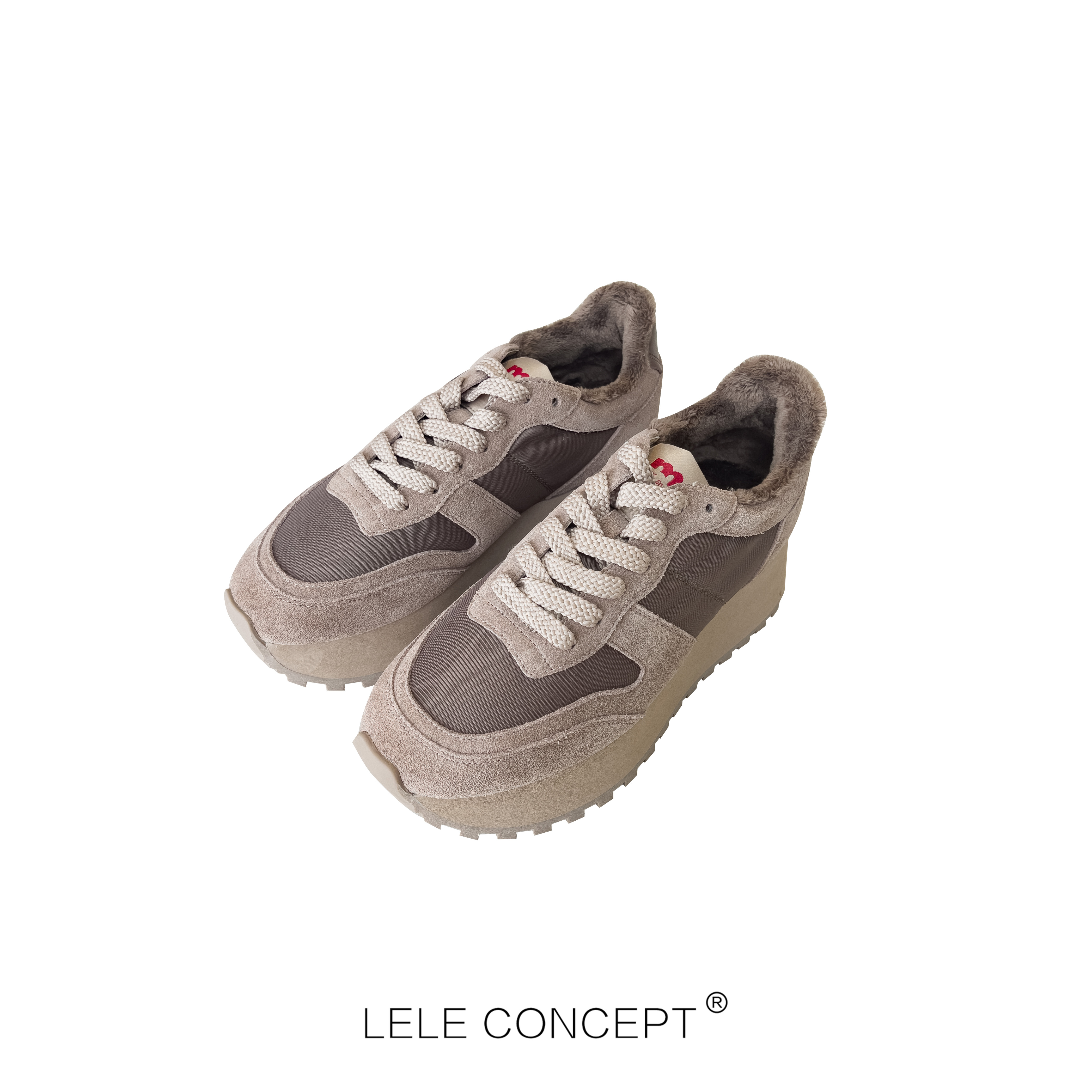 【LELE】冬季棕色厚底跑步阿甘鞋低帮卡其系带加绒厚底老爹鞋X0094
