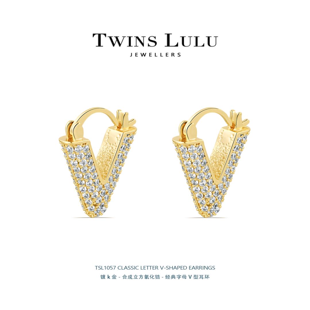 铜合金合成锆石耳饰 经典奢华氛围感V型珠珠耳环TSL1057