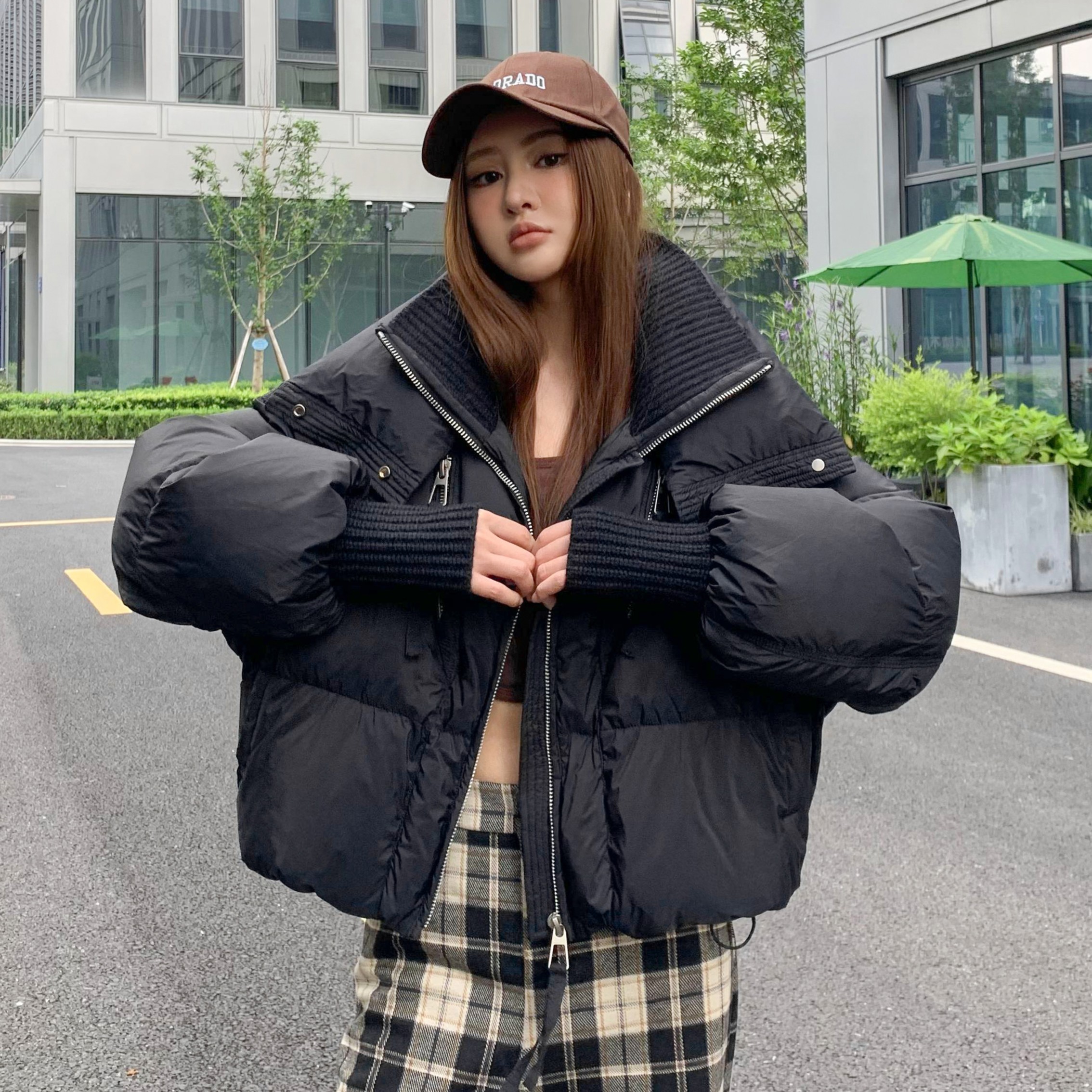 6682号浙#索歌玛1010#秋冬固定拼接毛织领双口袋填充拉链外套