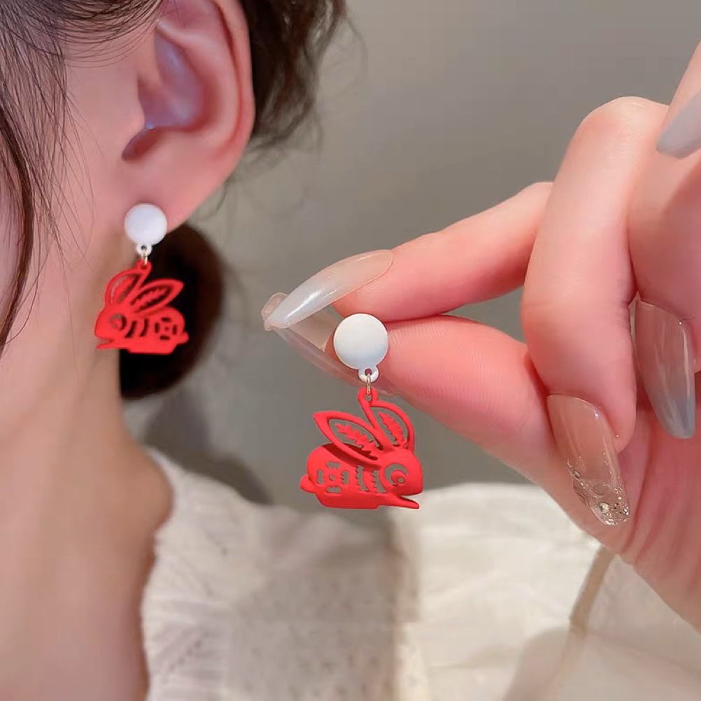 铜合金耳饰 新中式国风红色兔子耳环高级感气质耳饰A213法式长款