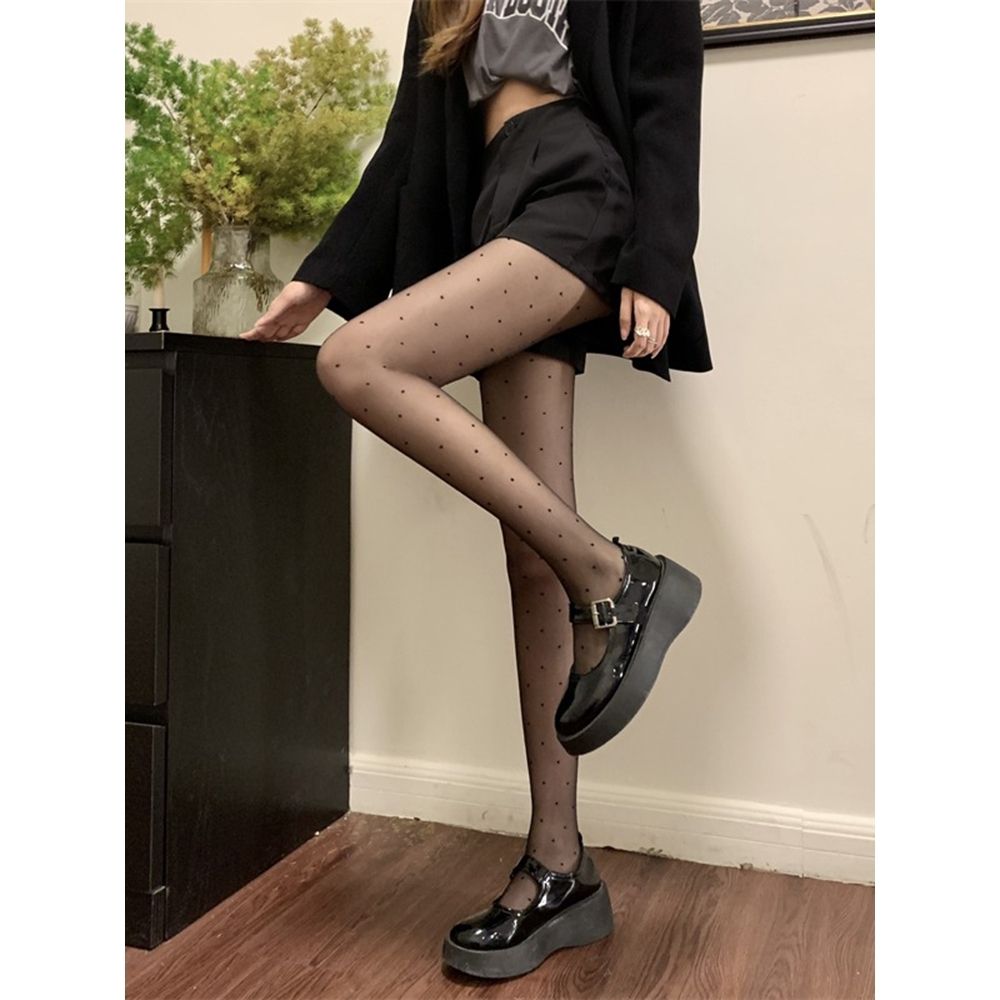 黑色打底袜女2022秋季新款韩系辣妹薄款波点丝袜外穿连脚美腿袜子