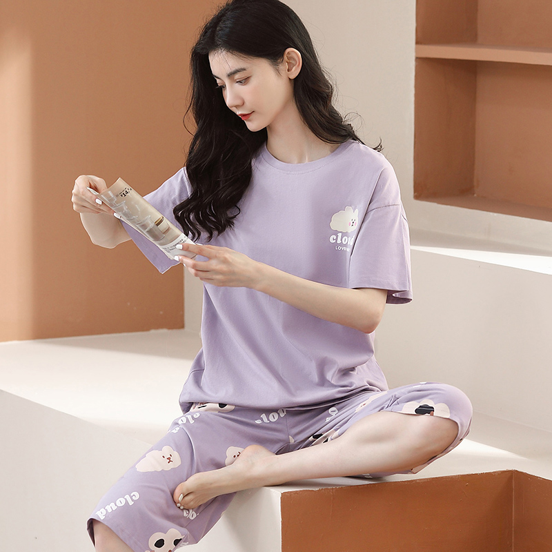 芬腾睡衣女夏季纯棉薄款短袖五分裤圆领韩版少女可外穿家居服套装