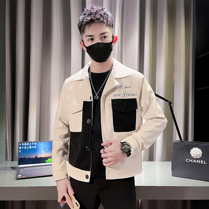 翻领拼接春秋季外套男装潮流休闲百搭夹克男秋装刺绣潮牌宽松上衣