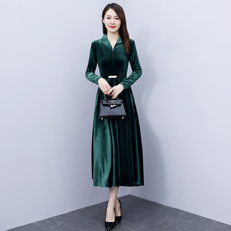 有口袋金丝绒长袖连衣裙女长款春秋季新款气质修身显瘦打底长裙子