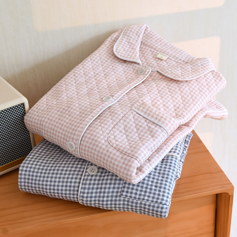 日式简约格子情侣睡衣女秋冬纯棉夹棉空气棉长袖男春秋家居服套装