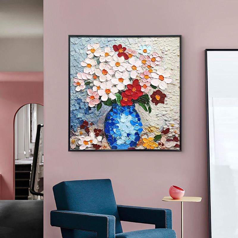 手工油画现代简约玄关装饰幸福花沙发墙方形画油画花卉瓶6060