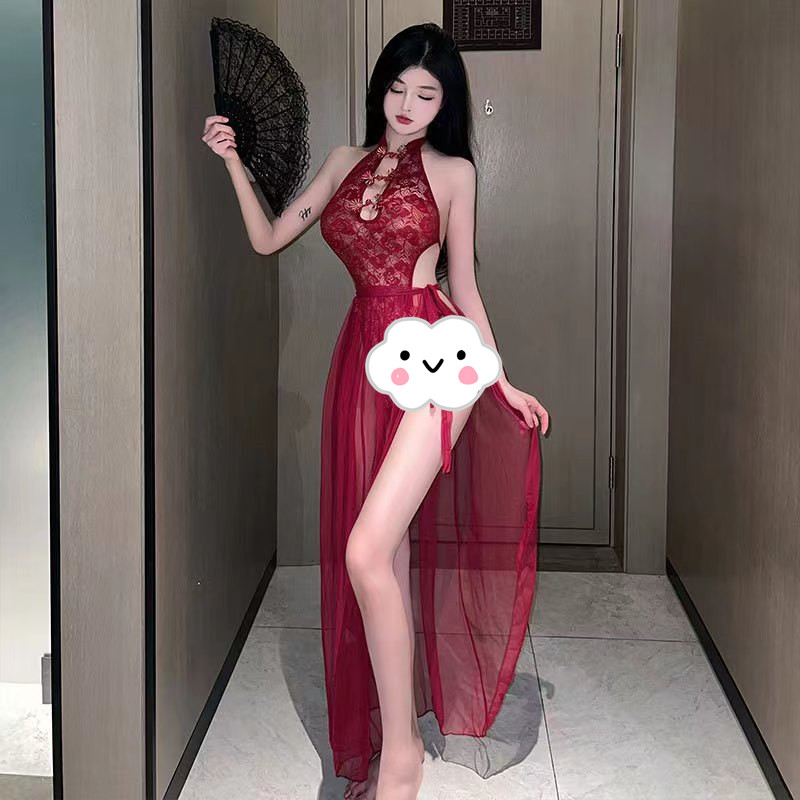 情侣内衣女性感蕾丝睡裙透明网纱纯欲诱惑系带睡衣女古典旗袍套装