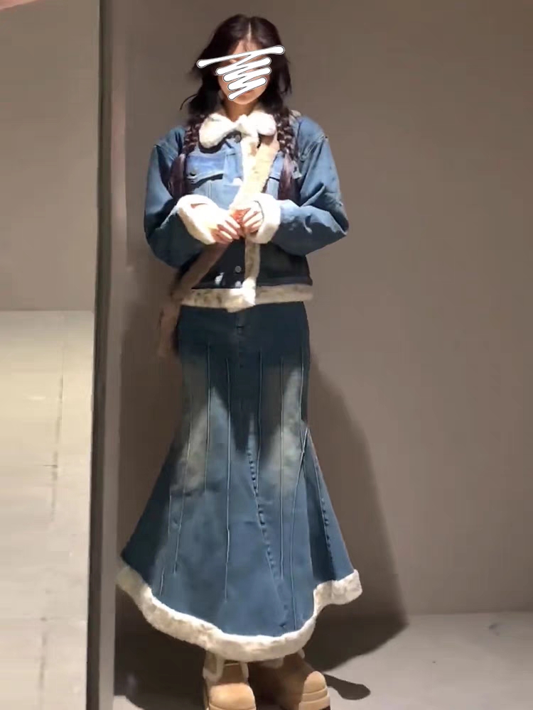(兔子不白)牛仔套装秋冬新款高级感短外套高腰鱼尾半裙两件套