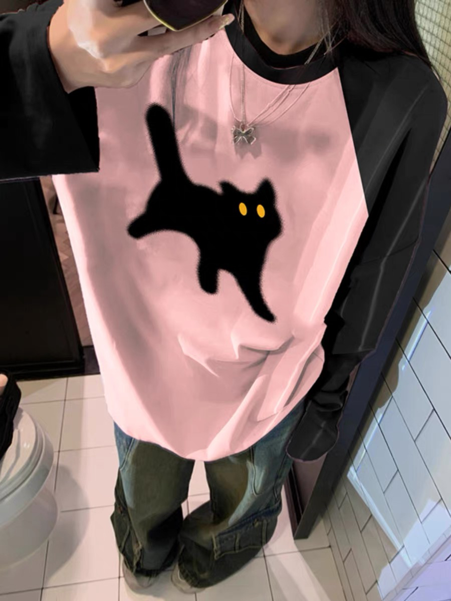 英敏推荐多巴胺穿搭宽松插肩拼色长袖T恤女别致小众独特潮牌上衣