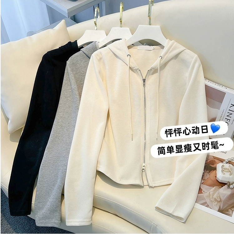 秋冬韩版新款卫衣女双开拉链连帽修身显瘦短款打底衫磨毛上衣外套