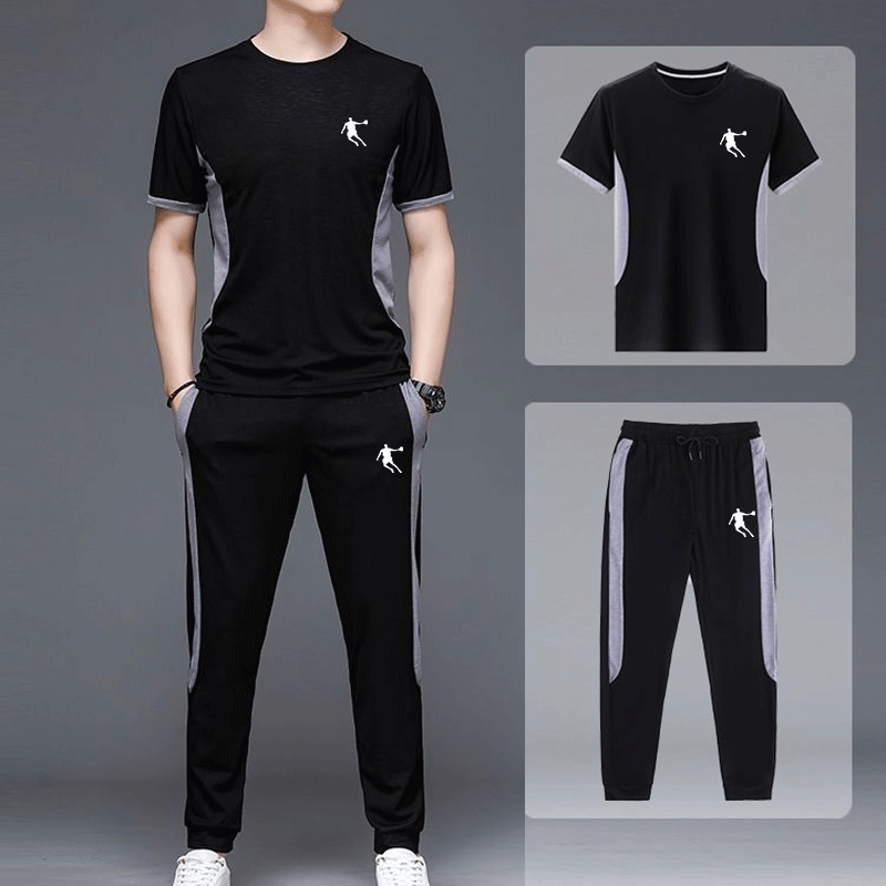 乔丹中国男士休闲套装男夏季薄款休闲大码男装圆领弹力时尚套装男