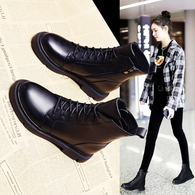 红蜻蜓牌真软皮马丁靴女2023秋冬新款韩版百搭显瘦英伦单靴厚底平