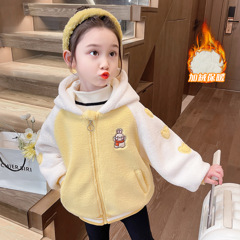 女童加绒加厚毛毛衣2023新款秋冬季女孩韩版洋气时髦羊羔绒外套潮