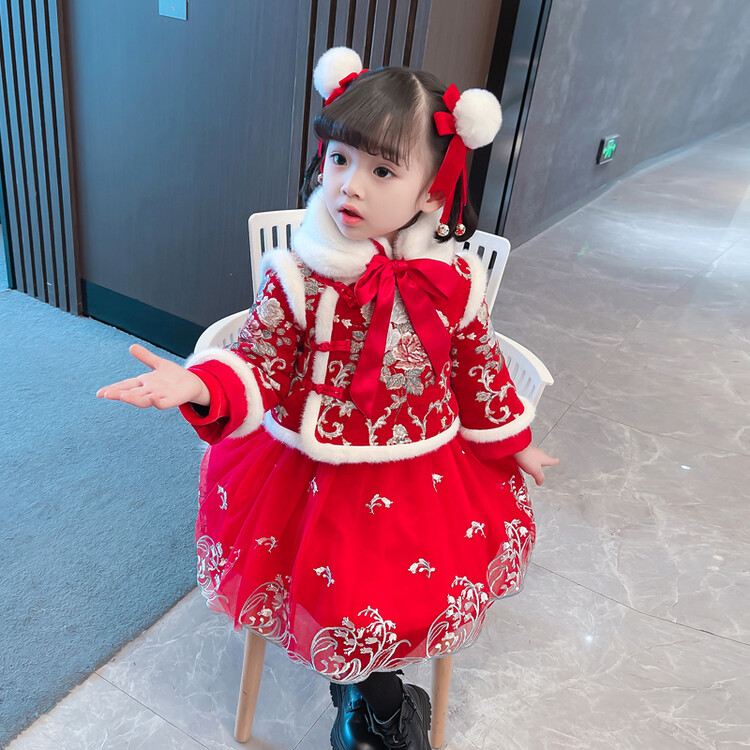 女童加厚拜年服套装连衣裙2023新款冬季女孩加绒中国风喜庆两件套