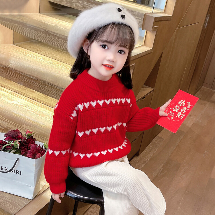 女童加厚毛衣2023新款冬季女孩中国风红色拜年服保暖套头针织衫
