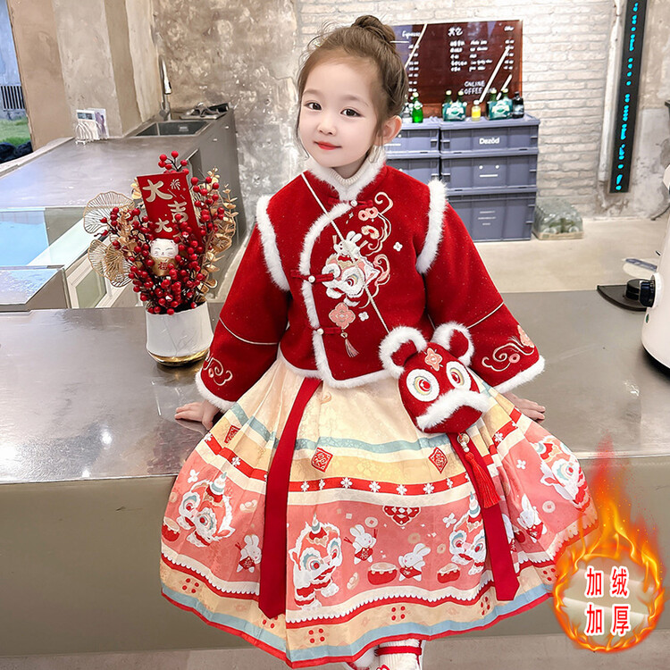 女童冬季加厚马面裙套装2023新款洋气红色中国风拜年服4女宝冬装3