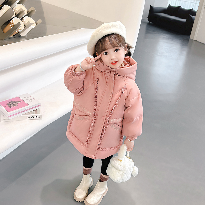 女童中长款羽绒服2023新款秋冬季女孩韩版洋气时髦加厚白鸭绒外套