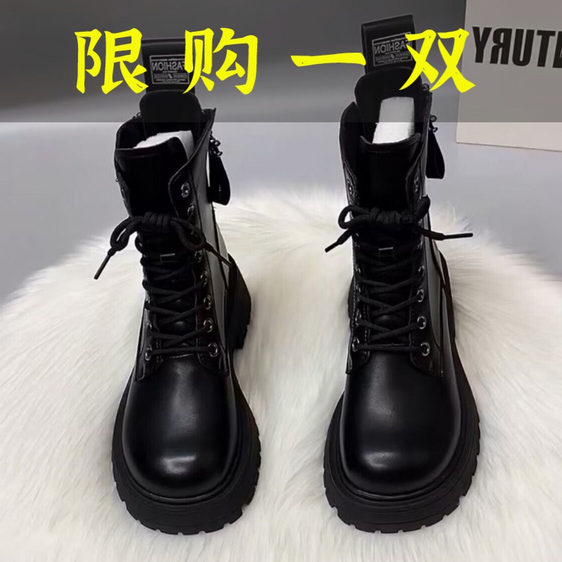 百丽纯爱2022秋冬新款英伦风马丁靴女黑色复古后拉链厚底显高百