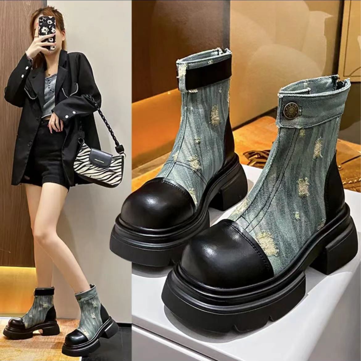 百丽纯爱秋季新款英伦风百搭时尚潮流牛仔女厚底透气马丁靴Y检 68