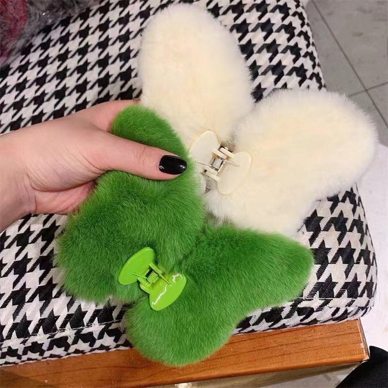 布艺发饰 大号毛绒蝴蝶抓夹秋冬毛绒可爱鲨鱼夹绿色蝴蝶头饰夹子