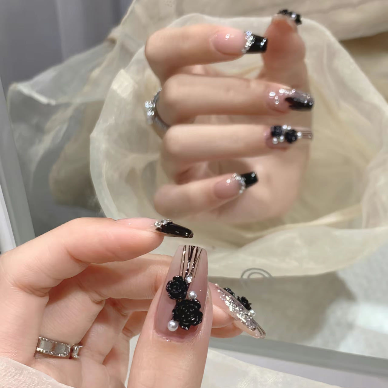 纯手工穿戴甲片显白暗黑爆闪辣妹黑山茶法式气质古风新中式美甲贴